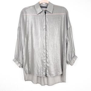 2/$30 ZARA High Low Metallic Button Down Shirt Gray Elastic Blouson Cuff #6212